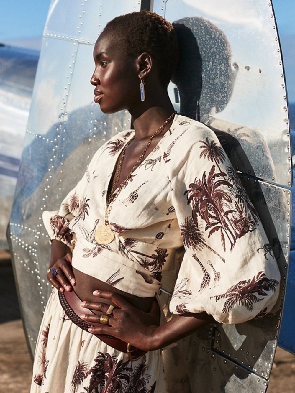 Banana Republic Wayfinder Linen Wrap Crop Top in Cream+Brown Safari Print
